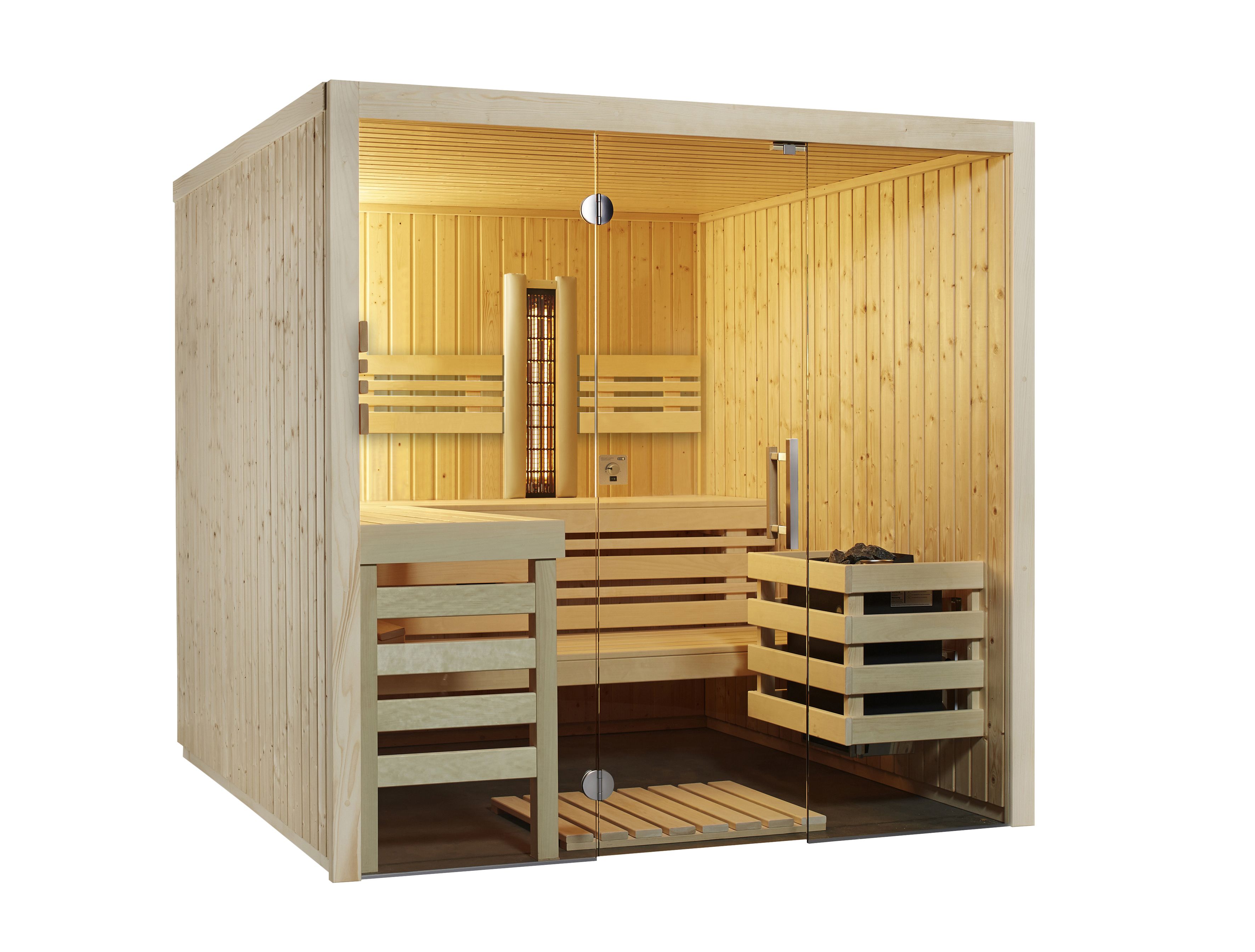 Abverkaufsmodell Infraworld Sauna Panorama Complete 210 Fichte - 75 mm Multifunktionssauna inkl. 5-teiligem gratis Zubehörset