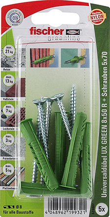 FISCHER Universaldübel UX 8x50 R S GREEN K (5 Stück)