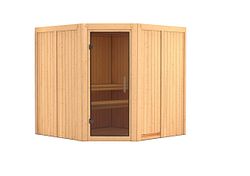 Karibu Sauna Jarin mit Eckeinstieg 68 mm-Ohne Ofen-ohne Dachkranz-Ganzglastür in Graphit-Optik inkl. gratis Zubehörpaket im Wert von 126,96€