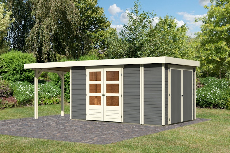 Karibu Woodfeeling Gartenhaus Retola 2/3/4/5/6 inkl. Anbauschrank u. 240 cm Schleppdach