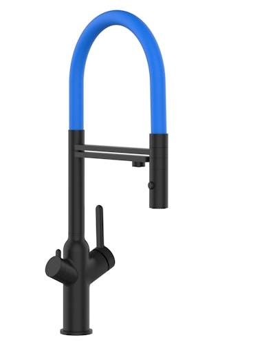 4 Wege Wasserhahn Küchenarmatur, BOD, mit 360° schwenkbarem Auslauf, abnehmbare 2 strahl Handbrause, Schwarz Matt / Hellblau