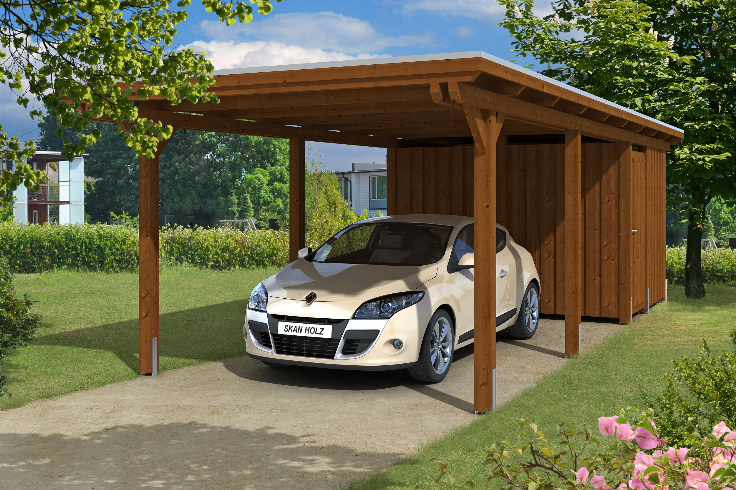 Skan Holz Emsland Flachdach Carport-354x846cm-nussbaum Holzcarport