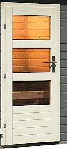 Karibu Saunahaus Skrollan 3 mit Vorraum terragrau (Rechteckfenster) inkl. gratis Sauna-Zubehörset im Wert von 234,94 €