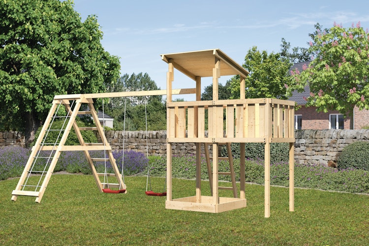 Akubi Kinderspielturm Anna mit Pultdach inkl. Anbauplattform, Doppelschaukel und Klettergerüst