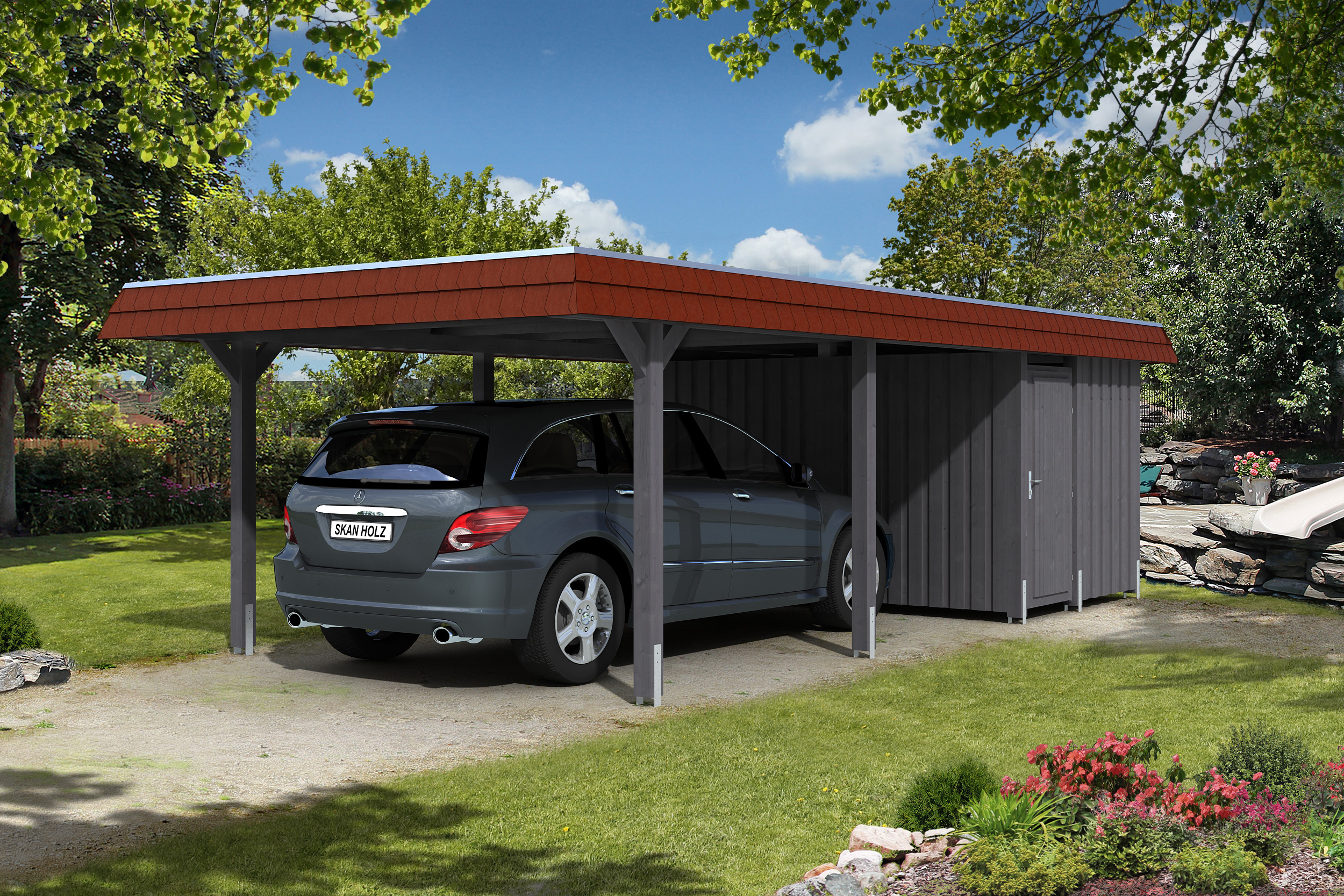 Skan Holz Walmdach409cm inkl. Abstellraum grau rote Blende Holzcarport
