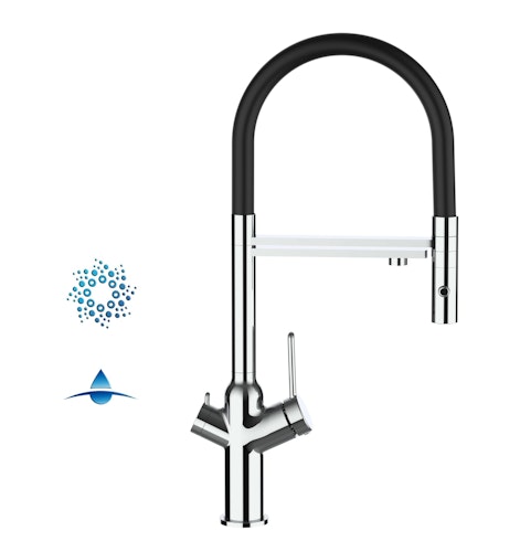 4 Wege Wasserhahn Küchenarmatur, BOD, mit 360° schwenkbarem Auslauf, abnehmbare 2 strahl Handbrause, Verchromt / Schwarz