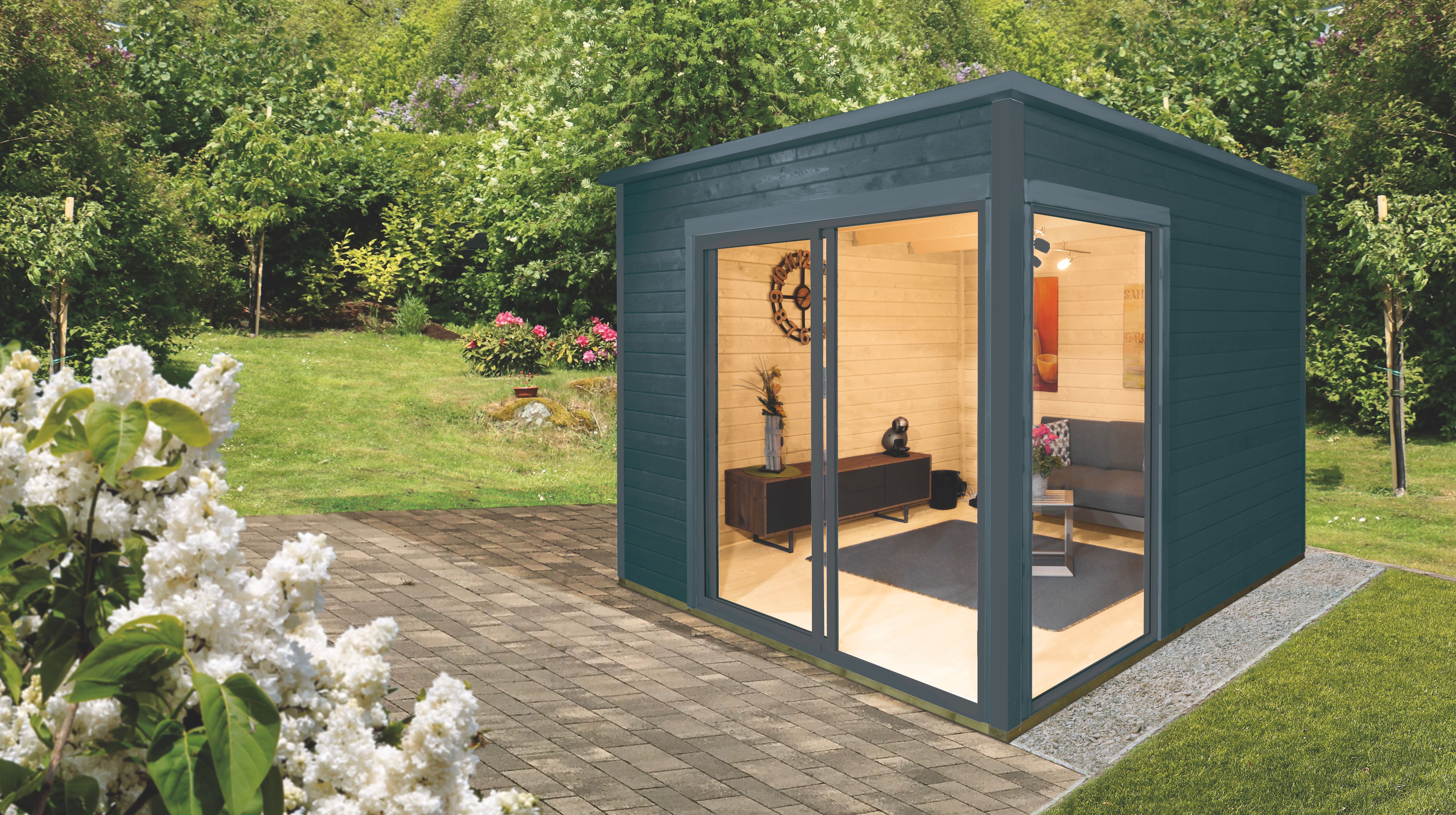 Wolff Finnhaus Gartenhaus Studio 44-B mit Alu-Eckverkleidung/Schiebetür