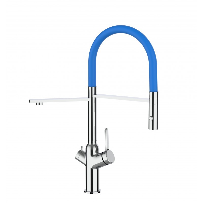 3 Wege Wasserhahn Küchenarmatur, BOD, mit 360° schwenkbarem Auslauf, abnehmbare 2 strahl Handbrause, Verchromt / Blau