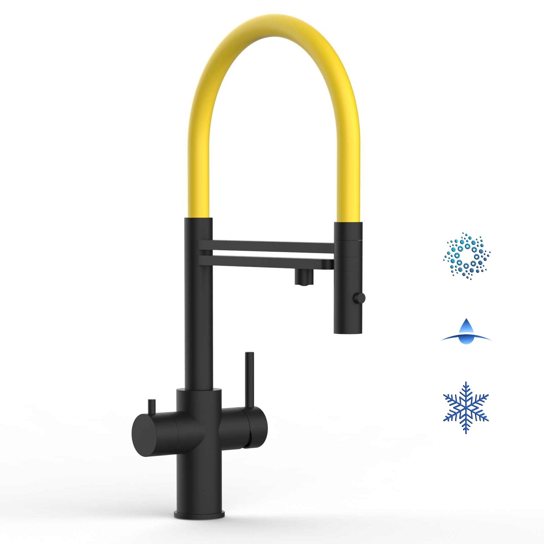 5 Wege Wasserhahn Küchenarmatur, Edelstahl Massiv mit 360° schwenkbarem Auslauf, abnehmbare 2 strahl Handbrause, PVD Schwarz Matt / Gelb