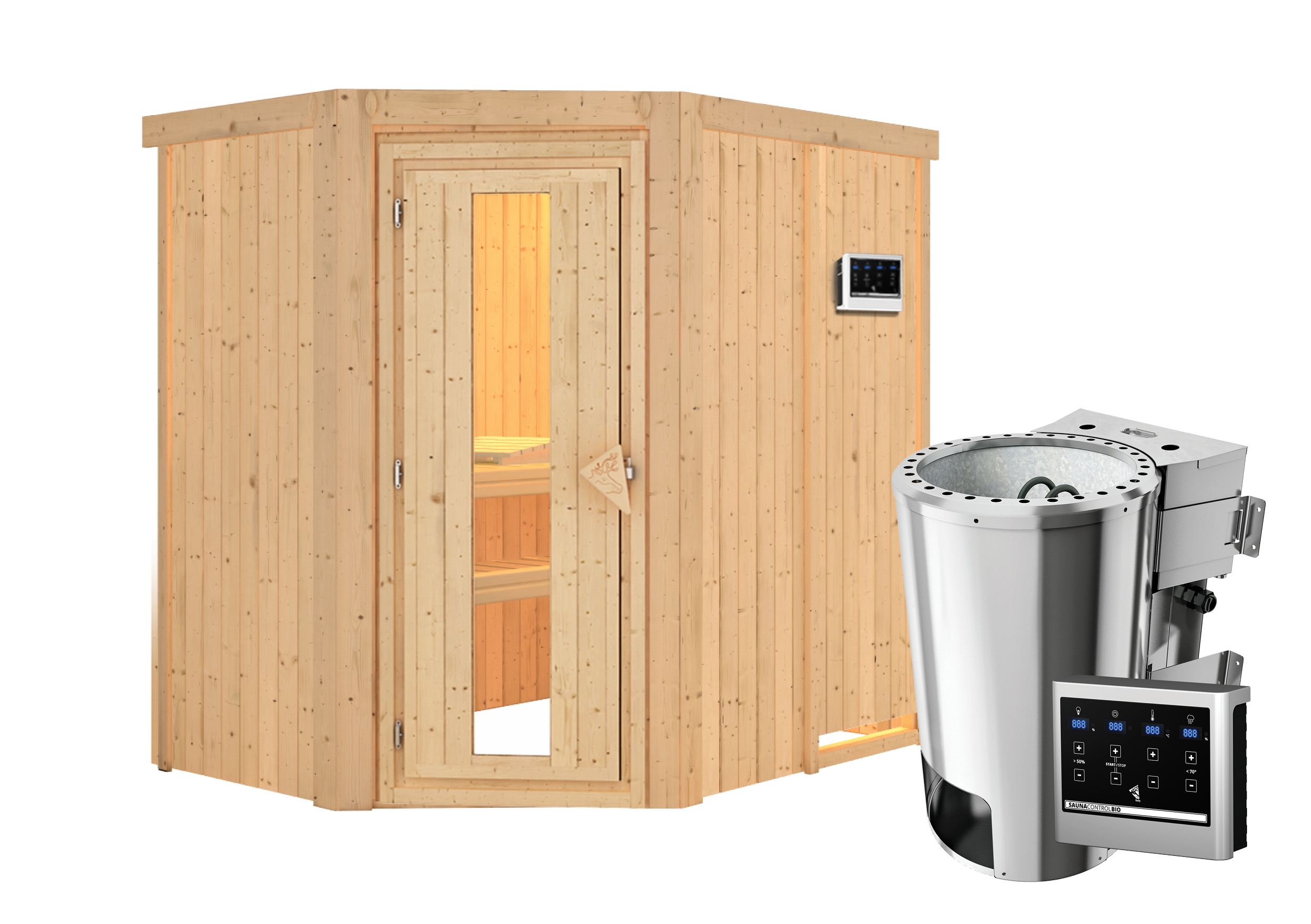 Karibu Sauna Saja - 68 mm Systemsauna - 230 Volt Plug & Play-3,6kW Plug&Play Bio-Kombiofen externer Steuerung Easy-Ohne ...