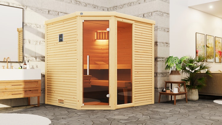 Weka Premium Massivholzsauna Cubilis 2 mit Glastür+Fenster inkl. Montageservice - 45 mm