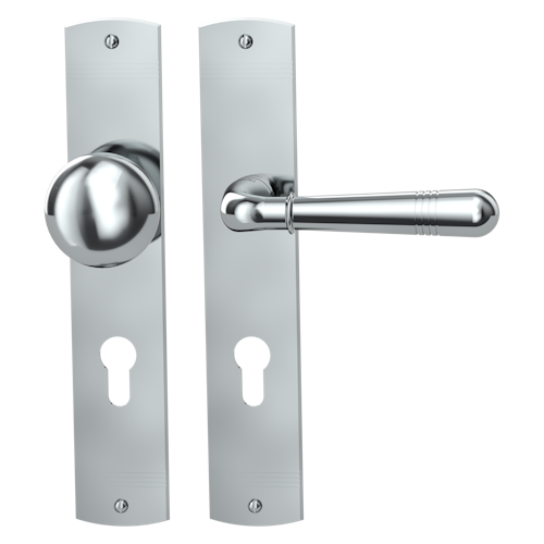 Griffwerk FABIO -Chrom Langschild-Garnitur -sichtbar verschraubt -Knopf R21 -WR -TS 40-45mm