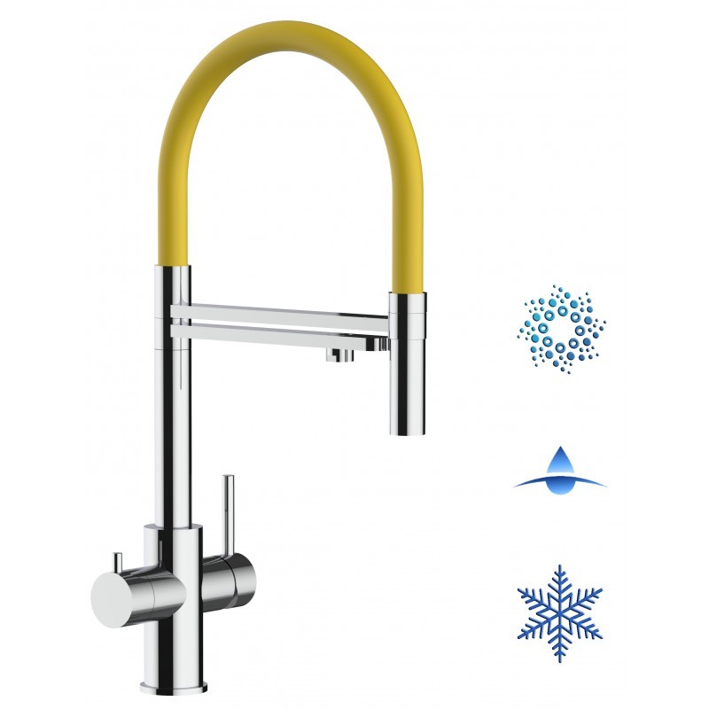 5 Wege Wasserhahn Küchenarmatur, Edelstahl Massiv mit 360° schwenkbarem Auslauf, abnehmbare 2 strahl Handbrause, Hochglanz / Gelb