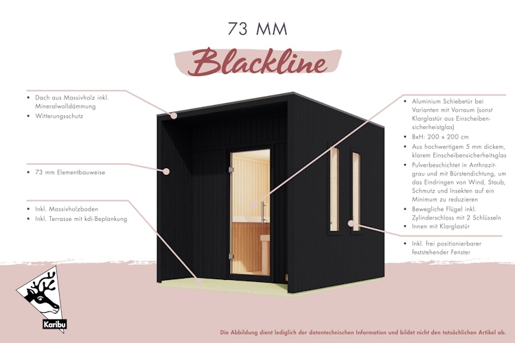 Karibu Design Saunahaus Catalina Blackline mit Vorraum - 73 mm inkl. gratis Sauna-Zubehörset im Wert von 234,94 €