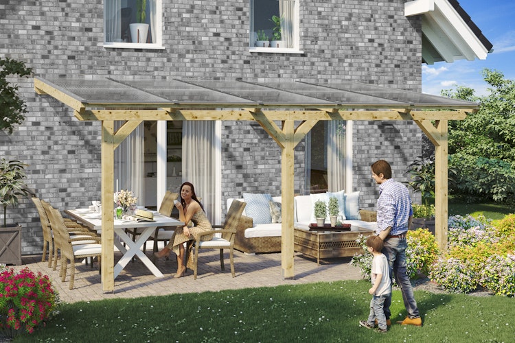 Skan Holz Terrassenüberdachung Bormio - Leimholz Aktionsangebot mit Dachplatten in bronze