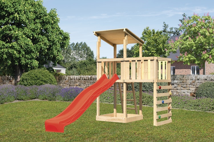 Akubi Kinderspielturm Anna mit Pultdach inkl. Anbauplattform, Wellenrutsche und Kletterwand
