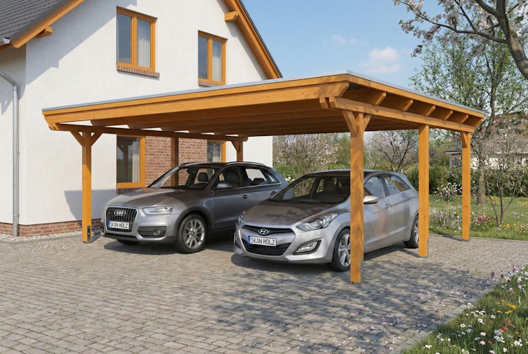 Skan Holz Emsland - Flachdach Doppelcarport aus Leimholz Breite 609 cm