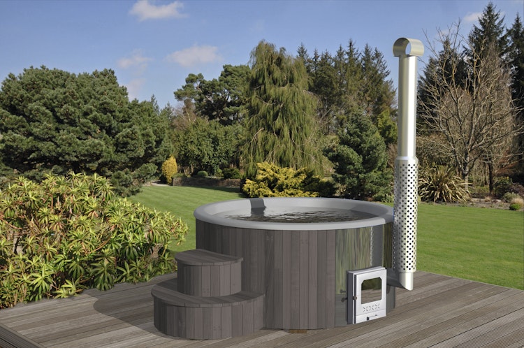 Wolff Finnhaus Badebottich Hot Tub Ø 200 cm Thermoholz mit Außenofen & GFK-Wanne