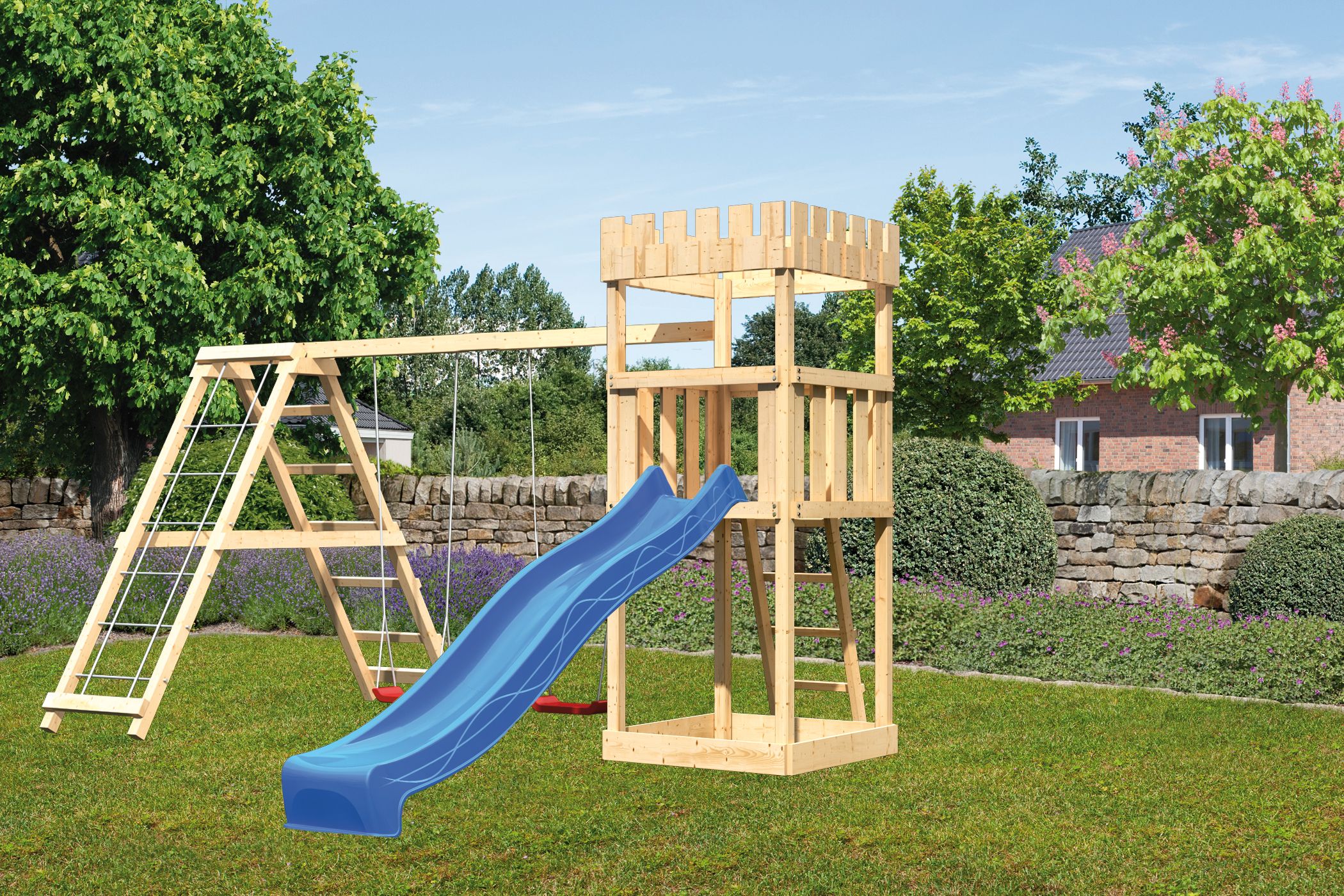 Akubi Kinderspielturm Ritterburg Löwenherz inkl. Wellenrutsche und Doppelschaukelanbau mit Klettergerüst