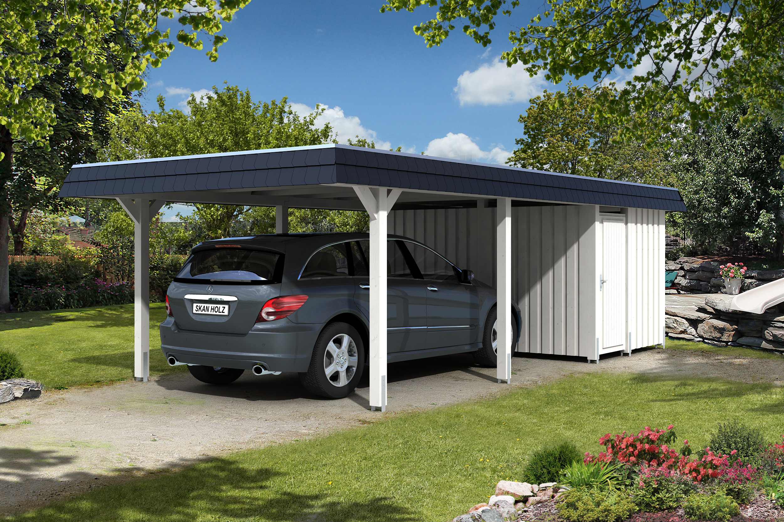 Skan Holz Walmdach Carport 409cm inkl. Abstellraum weiß schwarze Blende Holzcarport