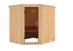 Karibu Sauna Lilja - 68 mm Systemsauna - 230 Volt Plug & Play-Ohne Ofen-Ohne Dachkranz-Ganzglastür in Graphit-Optik inkl. 10-teiligem gratis Saunaset im Wert von 232,94 €