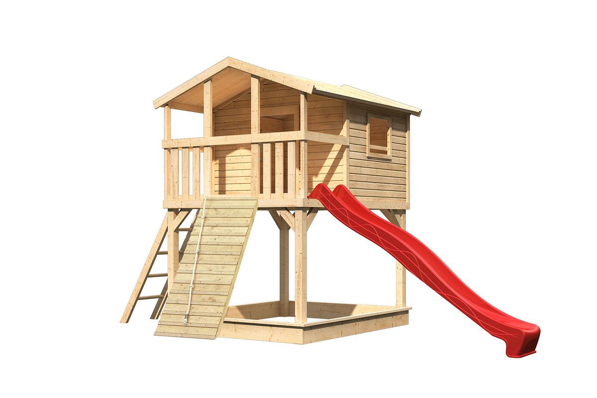 Akubi Stelzenhaus Benjamin mit Rutsche und Holzrampe naturbelassen rot