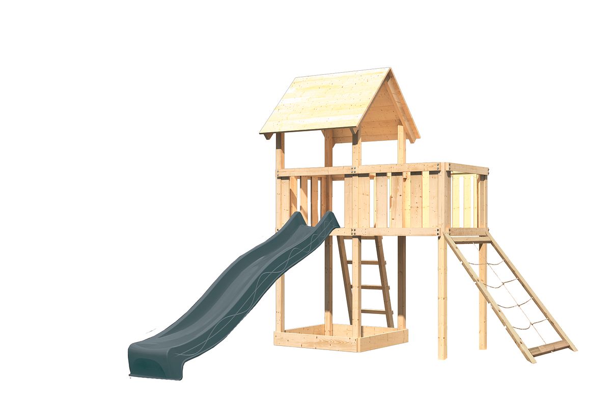 Akubi Kinderspielturm Lotti inkl. Anbauplattform, Rutsche anthrazit und Netzrampe