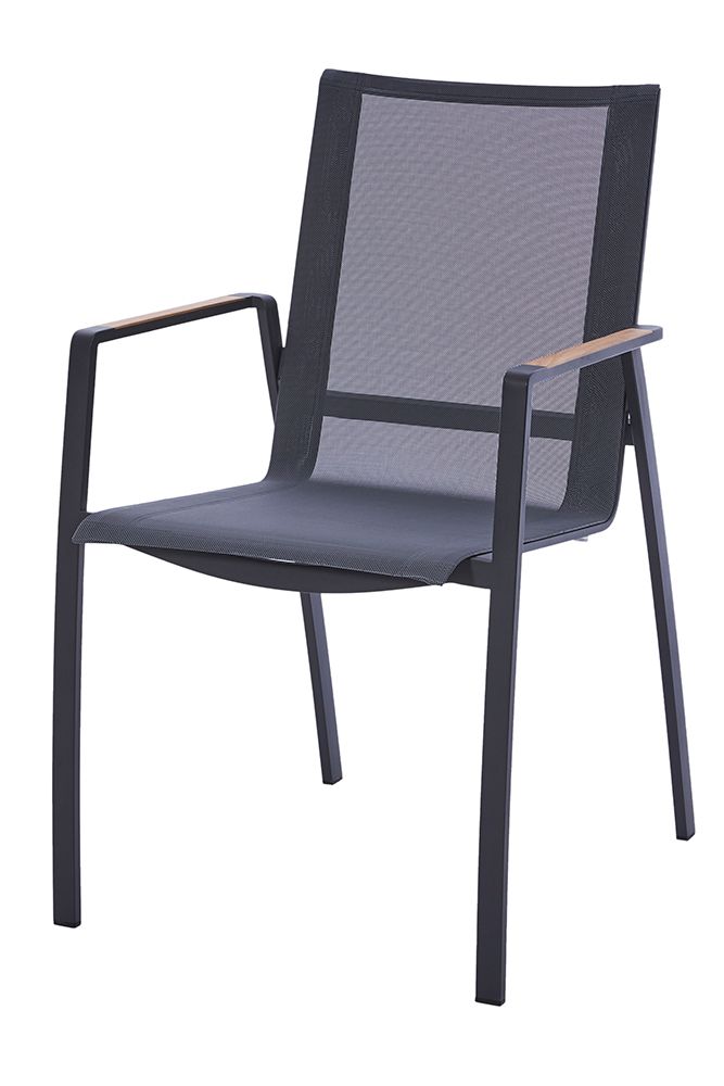 Diamond Garden Stapelstuhl VALENCIA, Edelstahl Dunkelgrau / Sunproof Sling Schwarz/Silber / Teak-Armlehnen
