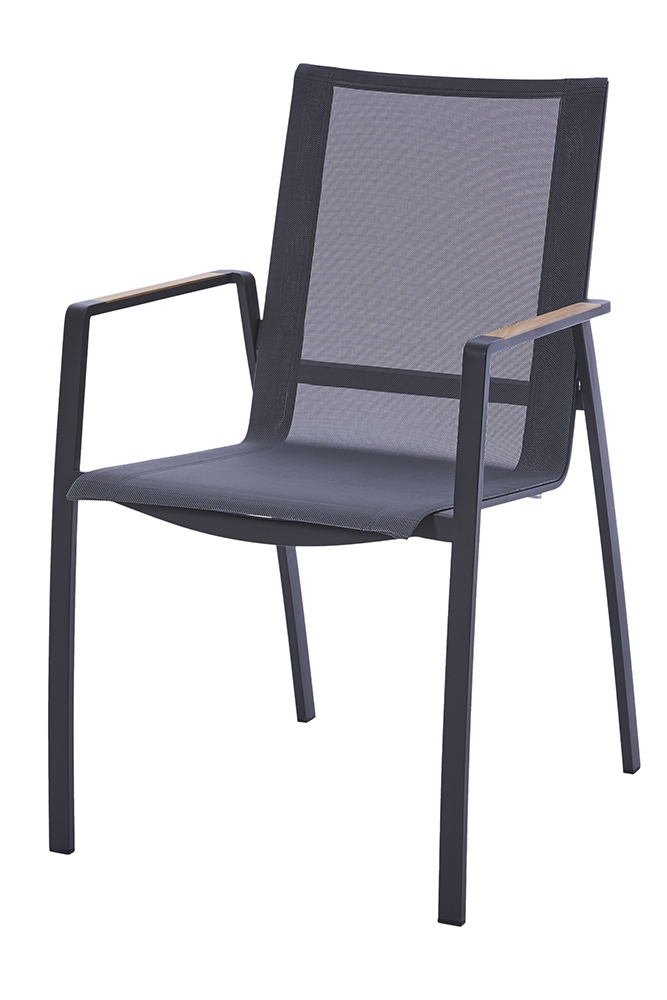 Diamond Garden Stapelstuhl VALENCIA, Edelstahl Dunkelgrau / Sunproof Sling Schwarz/Silber / Teak-Armlehnen