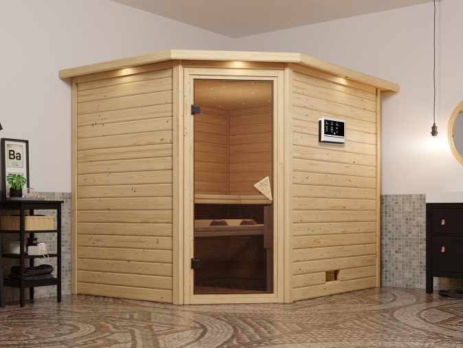 Karibu Sauna Tanami - Massivholzsauna mit Eckeinstieg 38 mm inkl. 5-teiligem Gratis-Zubehörpaket im Wert von 100 €