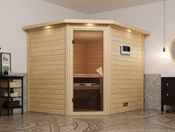 Karibu Sauna Tanami - Massivholzsauna mit Eckeinstieg 38 mm inkl. gratis Sauna-Zubehörset im Wert von 234,94 €