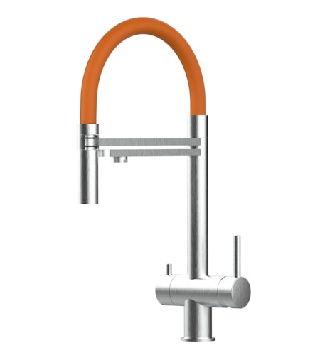 Kurzversion 45CM - 3 Wege Wasserhahn Küchenarmatur, Edelstahl Massiv mit 360° schwenkbarem Auslauf, abnehmbare 2 strahl Handbrause, Gebürstet / Orange