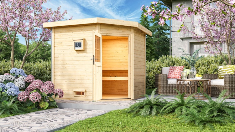Karibu Gartensauna Pultdach Saunahaus Mikka mit Eckeinstieg naturbelassen inkl. gratis Sauna-Zubehörset im Wert von 234,94 €