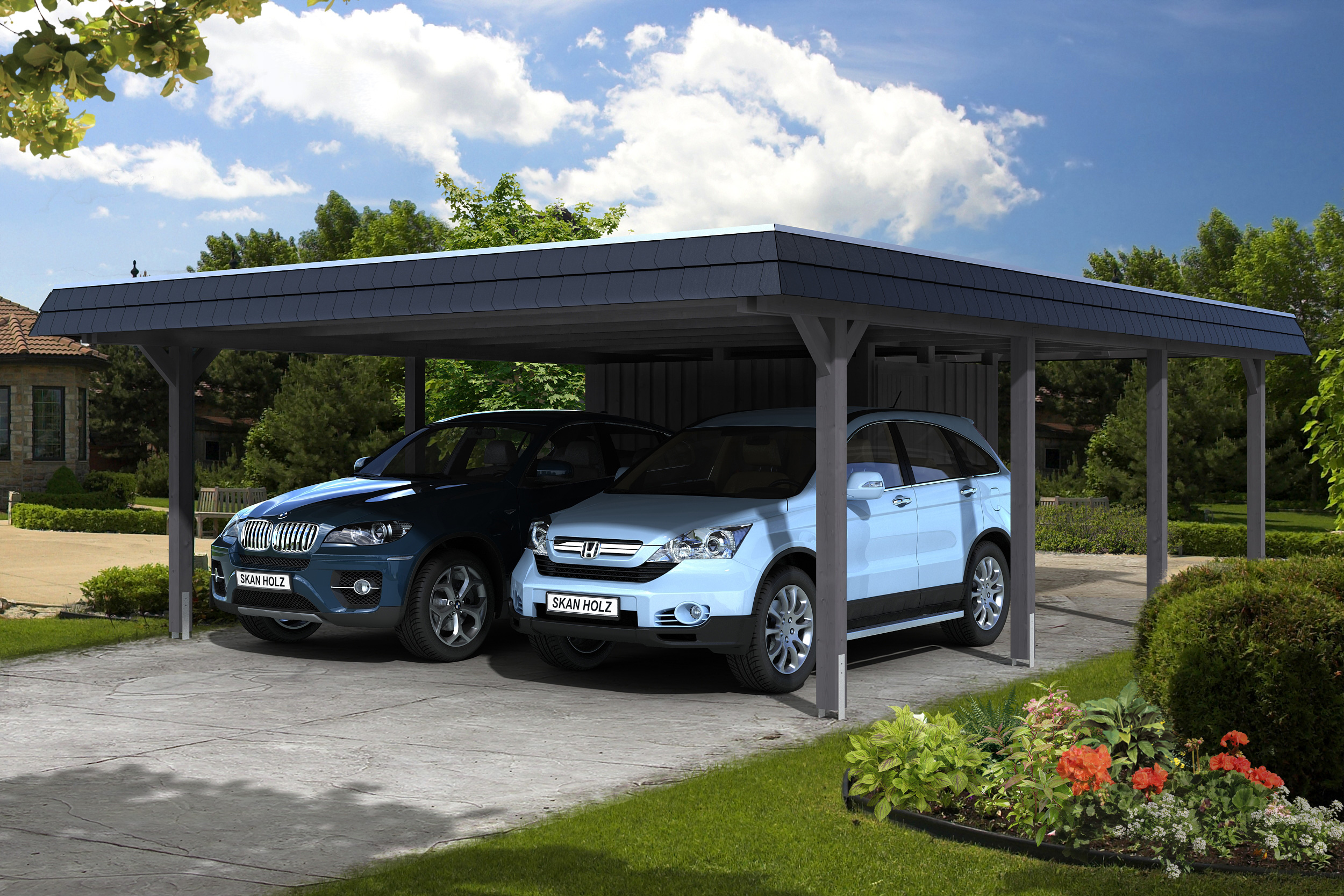 Skan Holz Walmdach Carport 630cm inkl. Abstellraum grau schwarze Blende Holzcarport