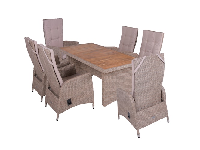 Garden Pleasure Gartenmöbel Set BRAGA 04, Tisch 180 x 90 + 6 Sessel, Polyrattan / Akazie / Kissen 100 % Polyester