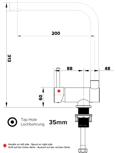 Wasserhahn Vorfenster Küchenarmatur, Umklappbar 6 CM, LINKER HEBEL, mit 360° schwenkbarem L-Auslauf, Verchromt / Zement Granit