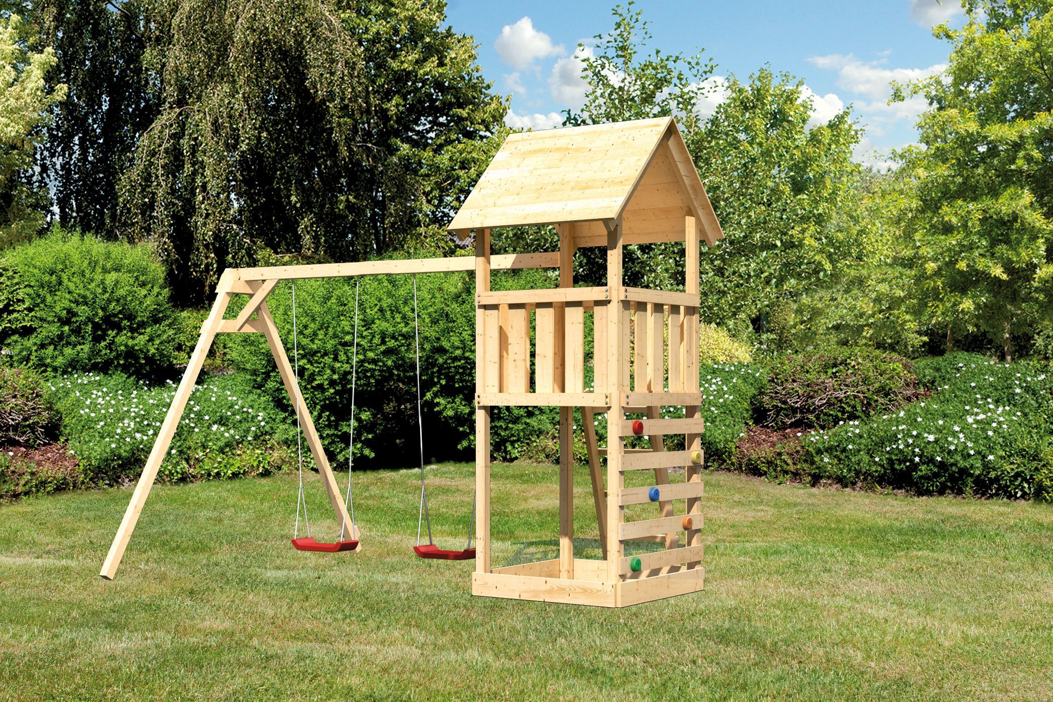 Akubi Kinderspielturm Lotti inkl. Doppelschaukel und Kletterwand