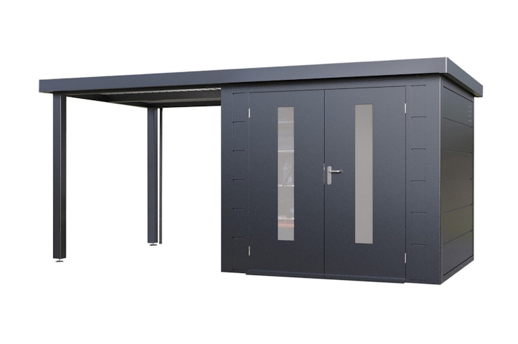 Wolff Finnhaus Premium Metall Gartenhaus Elvar 4824 Anthrazit inkl. 240 cm Anbaudach