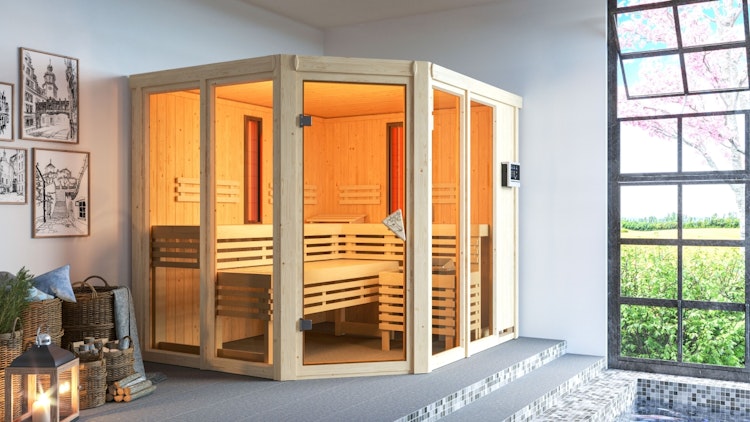Karibu Multifunktions-Sauna Ava inkl. Infrarotstrahler mit Eckeinstieg 68 mm inkl. gratis Sauna-Zubehörset im Wert von 234,94 €