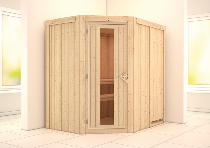 Karibu Sauna Carin mit Eckeinstieg 68 mm inkl. gratis Saunaofen im Wert von 599,99 €