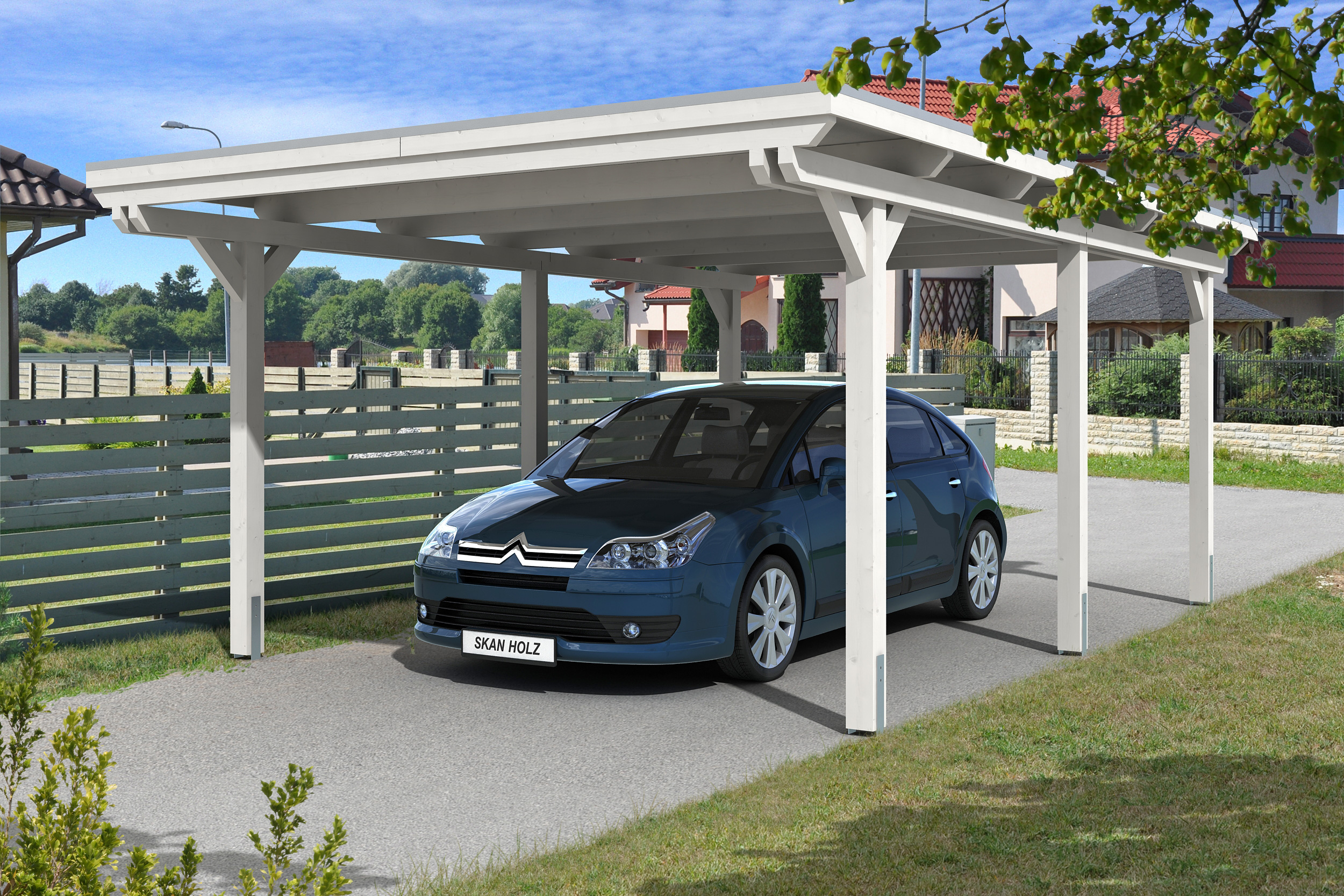 Skan Holz Emsland Flachdach Carport-404x604cm-weiß Holzcarport