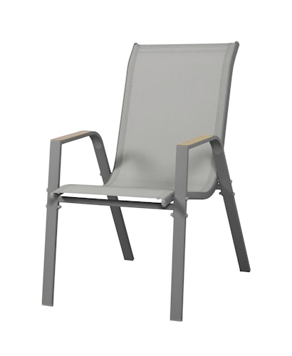 Garden Pleasure Gartenmöbel Set PALENA, Tisch 150 x 80 cm + 6 Stapelsessel, Stahl Grau / Nonwood Holz-Optik / Kunststoffgewebe