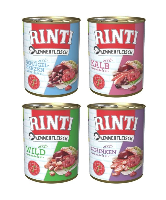 RINTI Kennerfleisch Dose 24 x 800g Mixpaket (Kalb,Geflügelherzen,Wild,Schinken) Hundenassfutter