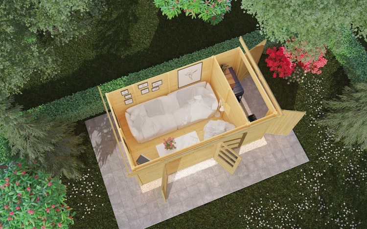 Karibu Woodfeeling Gartenhaus Retola 2/3/4/5/6 inkl. Anbauschrank u. 240 cm Schleppdach