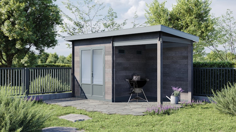 Wolff Finnhaus WPC Gartenhaus Trend B+ mit Lounge-Anbau - 28 mm