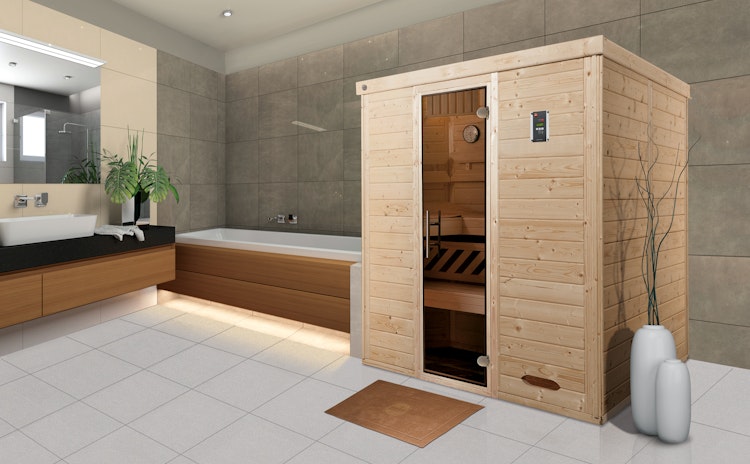 Weka Premium Massivholz-Elementsauna Kemi 4 mit Glastür - 45 mm
