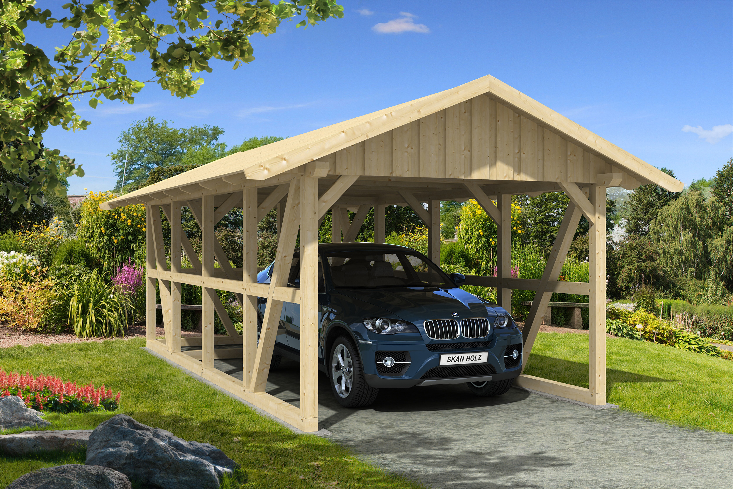 Skan Holz Schwarzwald Einzel 424x772cm Dachschalung unbehandelt inkl.Abstellraum Holzcarport