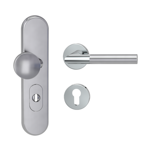 Griffwerk TITANO Kombi SB_882 ES1 (S2) -Edelstahl matt Kombi-Schutzbeschlag -Knopf/Drücker -mit Griff ARICA Klippt. -EP/EM -ZA, 72mm -TS 38-50