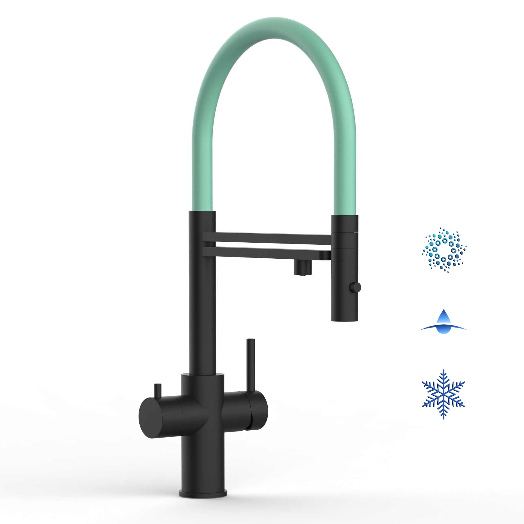 5 Wege Wasserhahn Küchenarmatur, Edelstahl Massiv mit 360° schwenkbarem Auslauf, abnehmbare 2 strahl Handbrause, PVD Schwarz Matt / Türkis