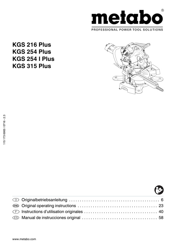 Bedienungsanleitung fÃ¼r Metabo KappsÃ¤ge KGS 254 Plus